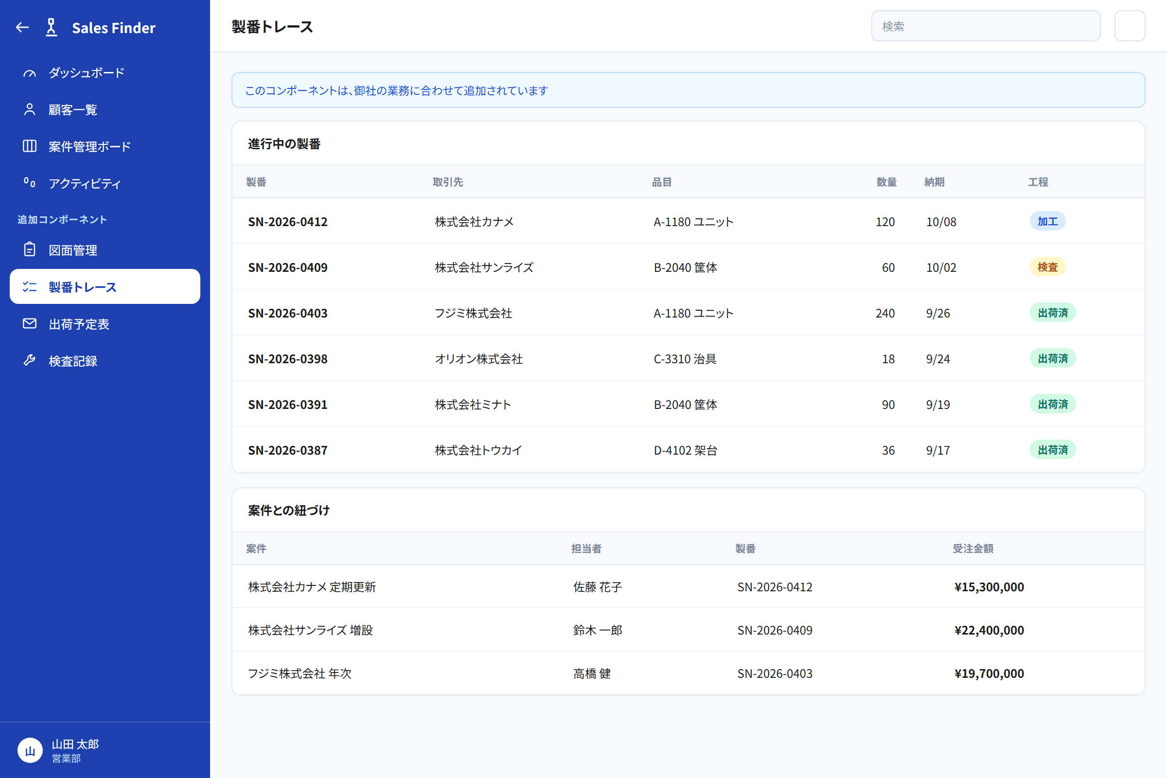 特定の業務に合わせて追加された専用コンポーネントが、サイドバーに並んでいる画面